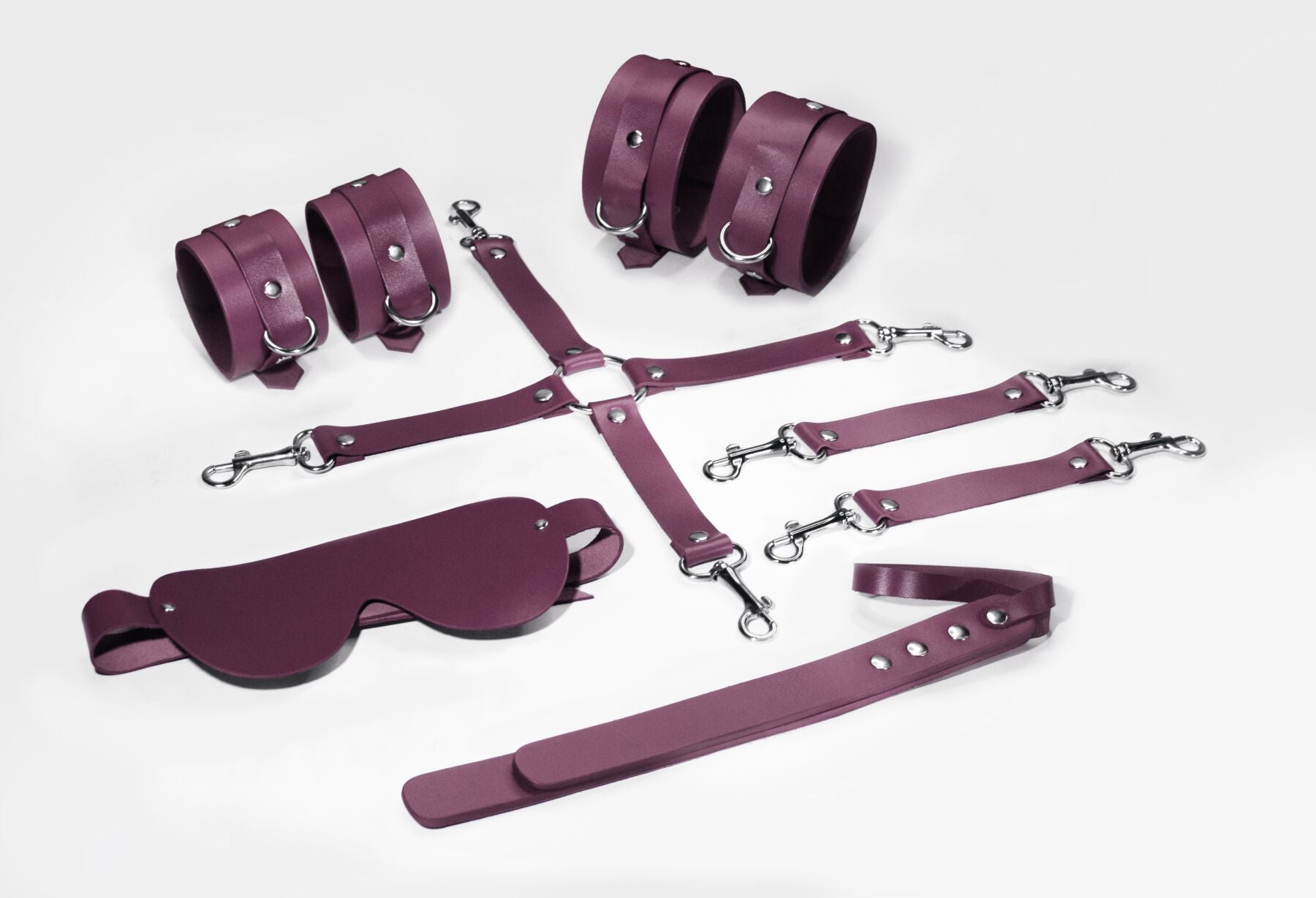 Feral Feelings BDSM Kit 5 Burgundy, handcuffs, legcuffs, spreader bar, mask, paddle