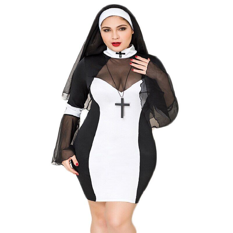 Erotic Nun Costume JSY "Sinner Lola" Plus Size Black, dress, cross, wimple