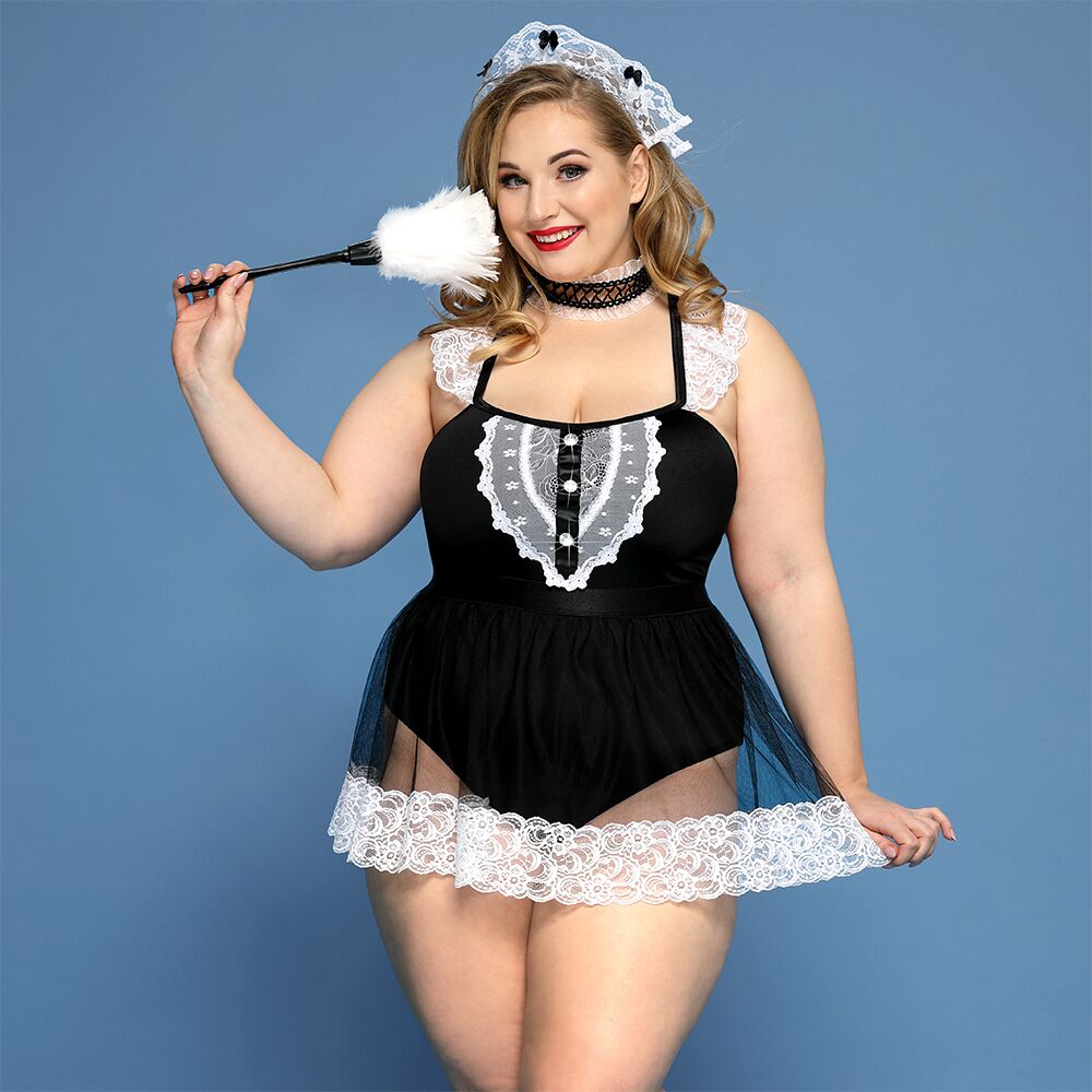 JSY "Hot Carrie" Plus Size Black Sexy Maid Costume, Bodysuit, Skirt, Choker, Headpiece, Feather Duster