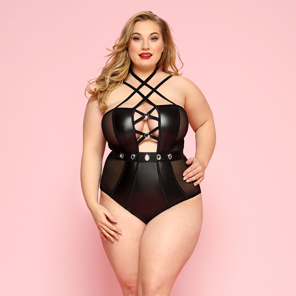 Sexy Bodysuit JSY "Passionate Lorraine" Plus Size Black, eyelets, straps, eco-leather, lacing