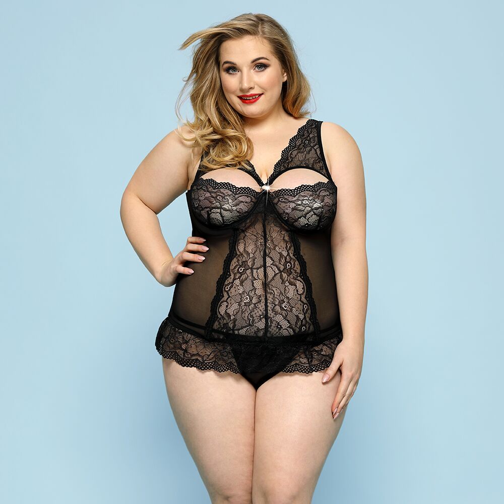 JSY "Modest Brook" Plus Size Lingerie Set, Black, lace, corset, thong