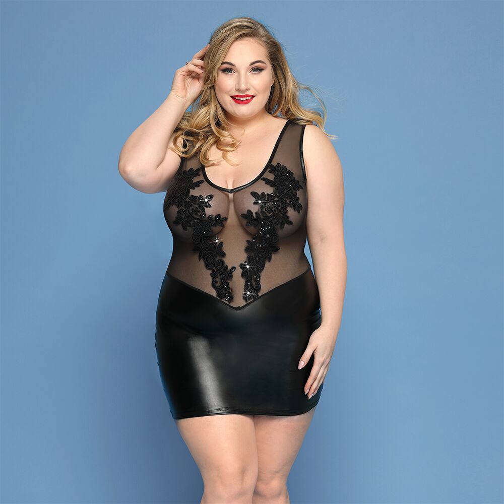 Elegant dress JSY "Lady Sofia" Plus Size, black, fine mesh, embroidery, eco-leather