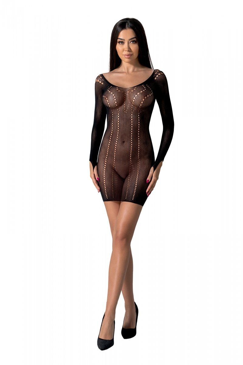 Sheer mini dress Passion BS101 One Size, black, fingerless gloves