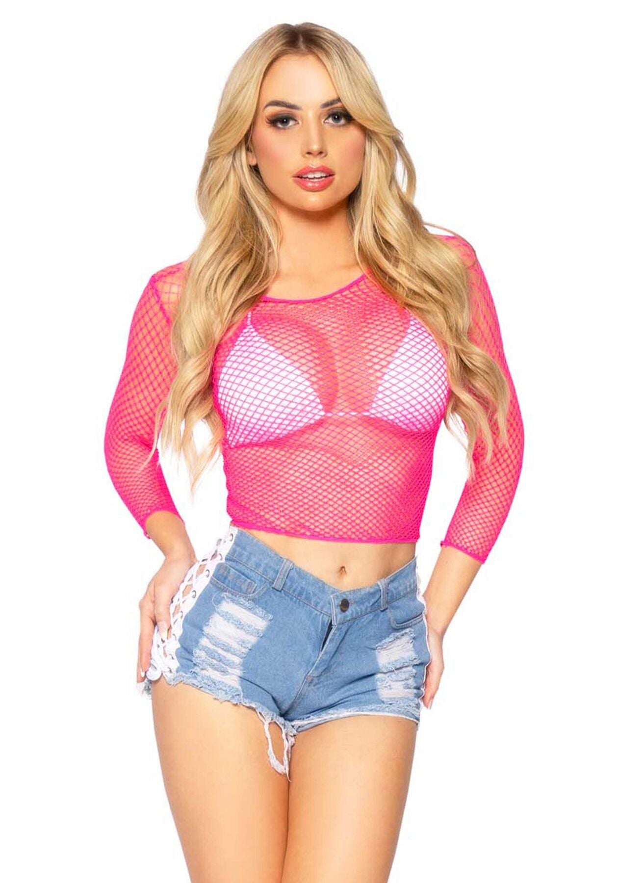 Leg Avenue Long Sleeves T-Shirts Neon Pink Mesh Top, One Size