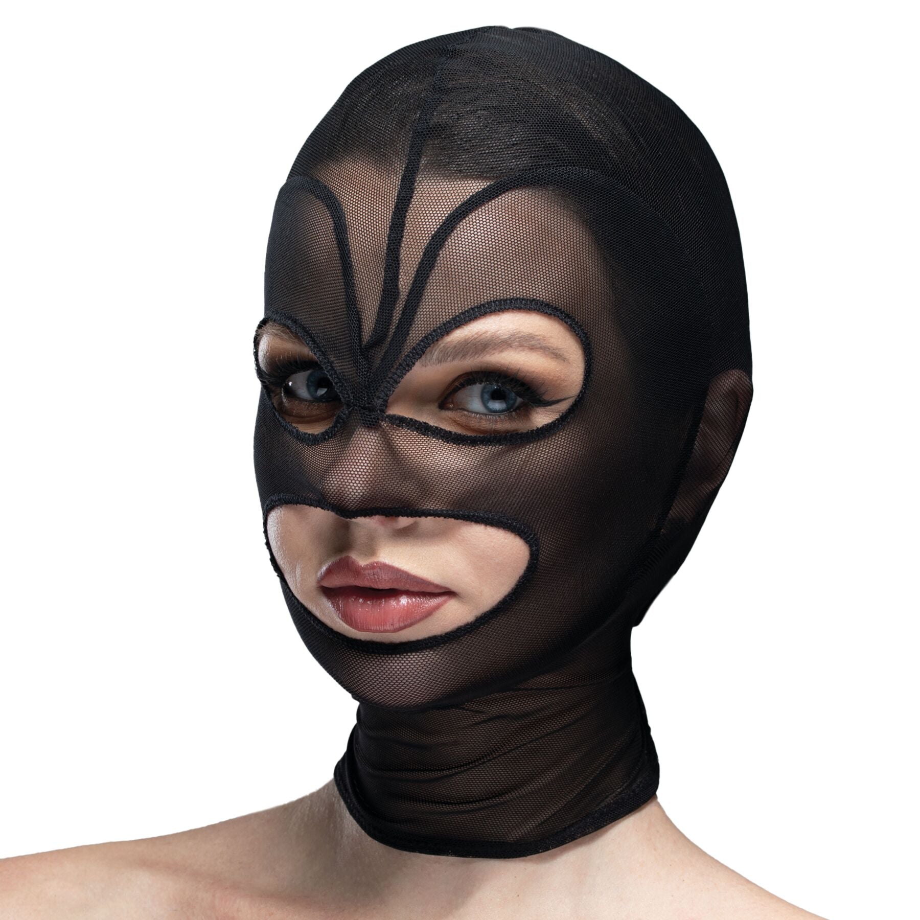 Feral Feelings - Hearts Mask Black/Black mesh heart mask with open mouth and eyes