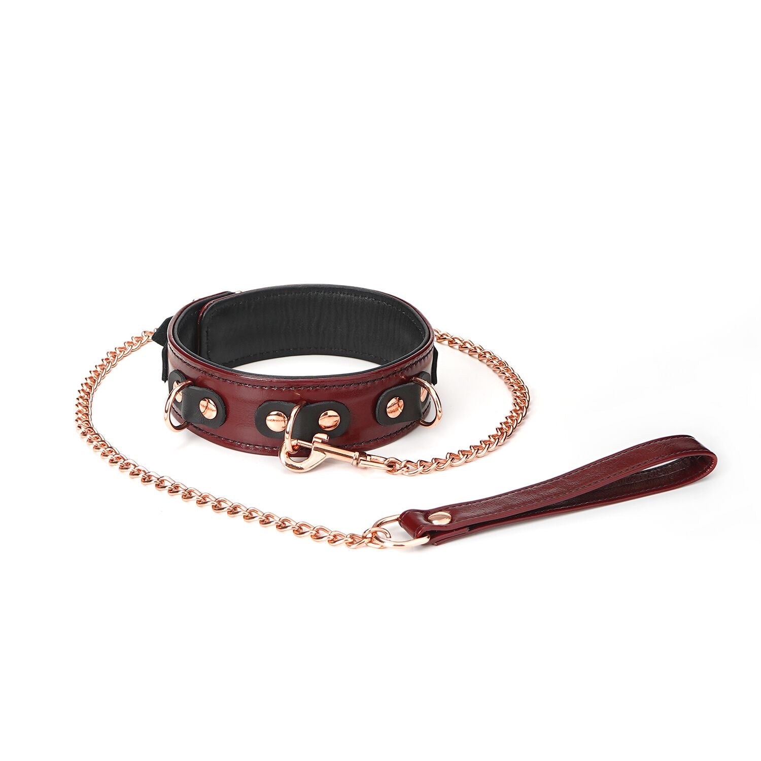 Leather collar with leash Liebe Seele Wine Red Collar and Leash, 3 attachment rings