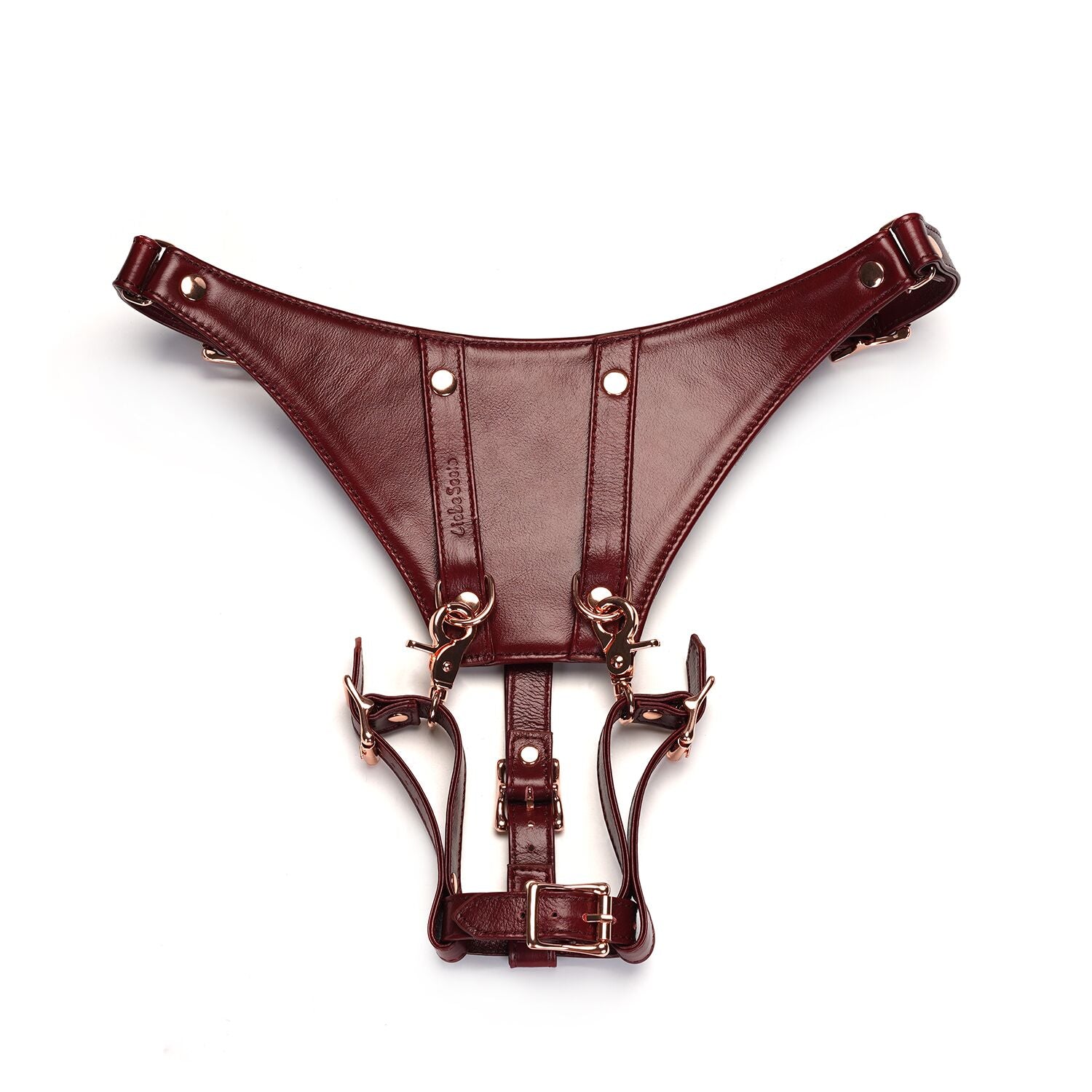 Leather vibrator panties Liebe Seele Wine Red Forced Orgasm Strop, fully adjustable