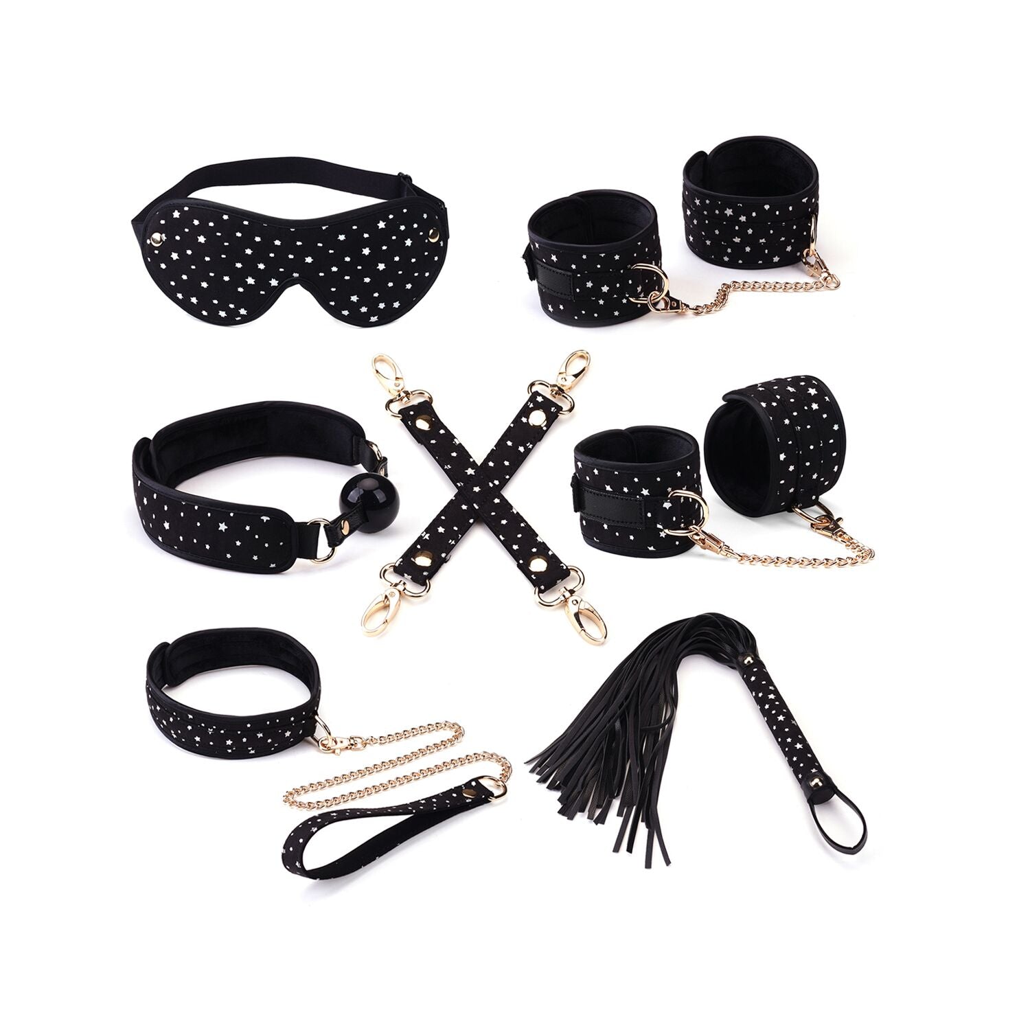 Liebe Seele Starry Nights 7pcs Bondage Kit, restraints, collar with leash, gag, flogger, mask