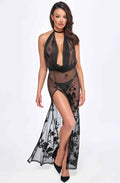 Dress Noir Handmade F312 Divinity, S, black, sheer, floor-length, open back, side slit
