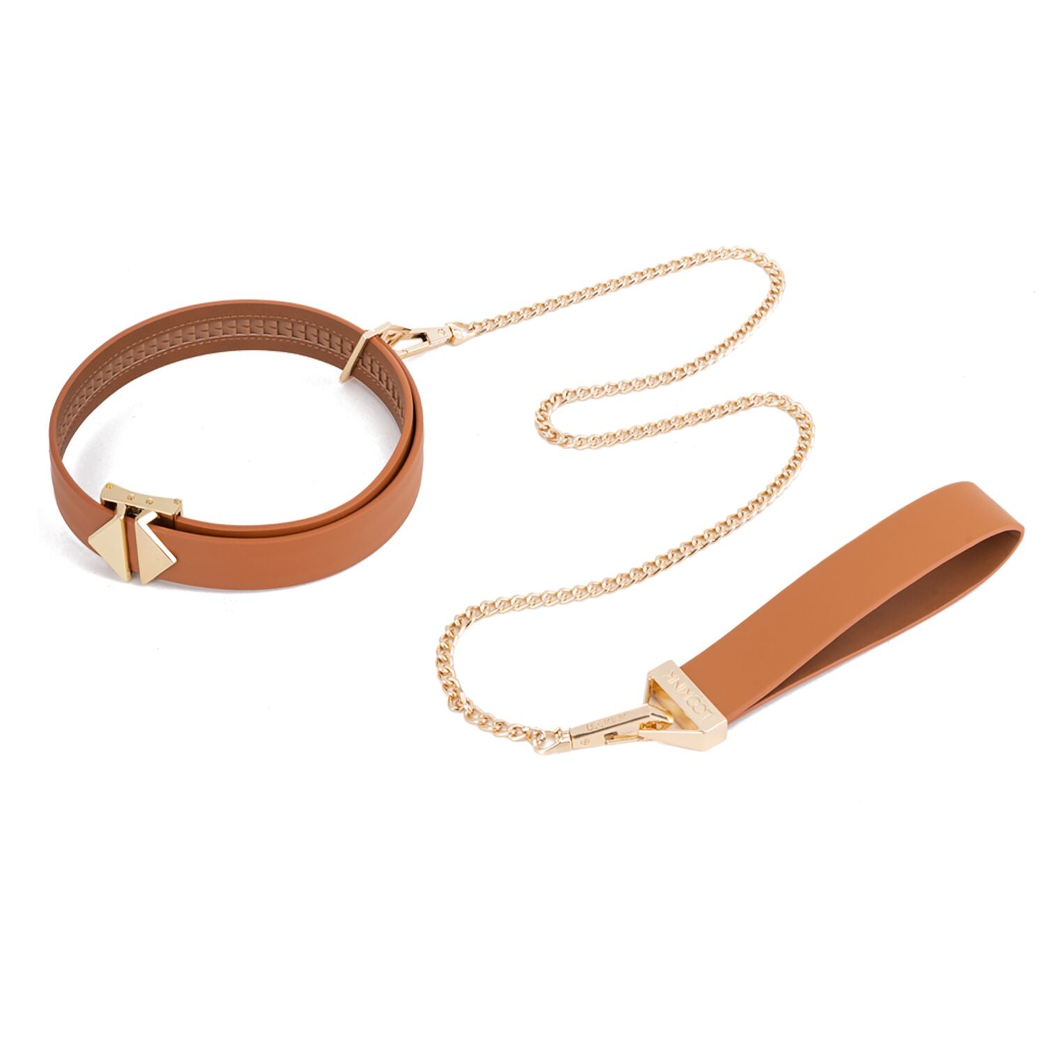 LOCKINK Tied Collar with Leash Set, brown, chain with leather loop and carabiner