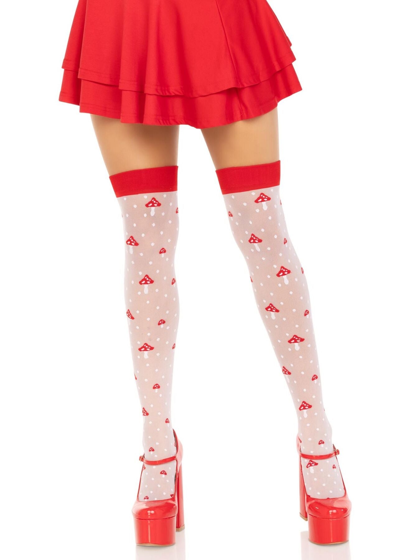 Leg Avenue Polka Dot Mushroom Thigh Highs, One Size, White and Red, Elasticated, Mushroom Pattern