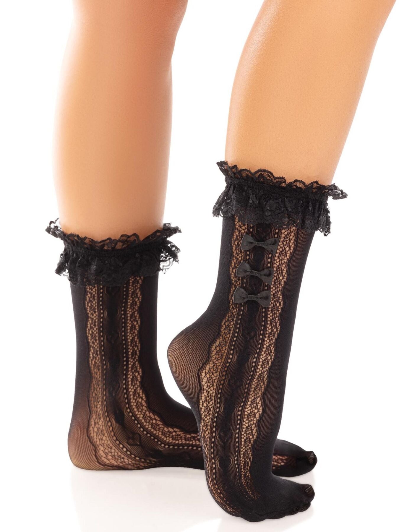 Leg Avenue Mini Bow Lace Anklet, black, with ruffles, decorative bows