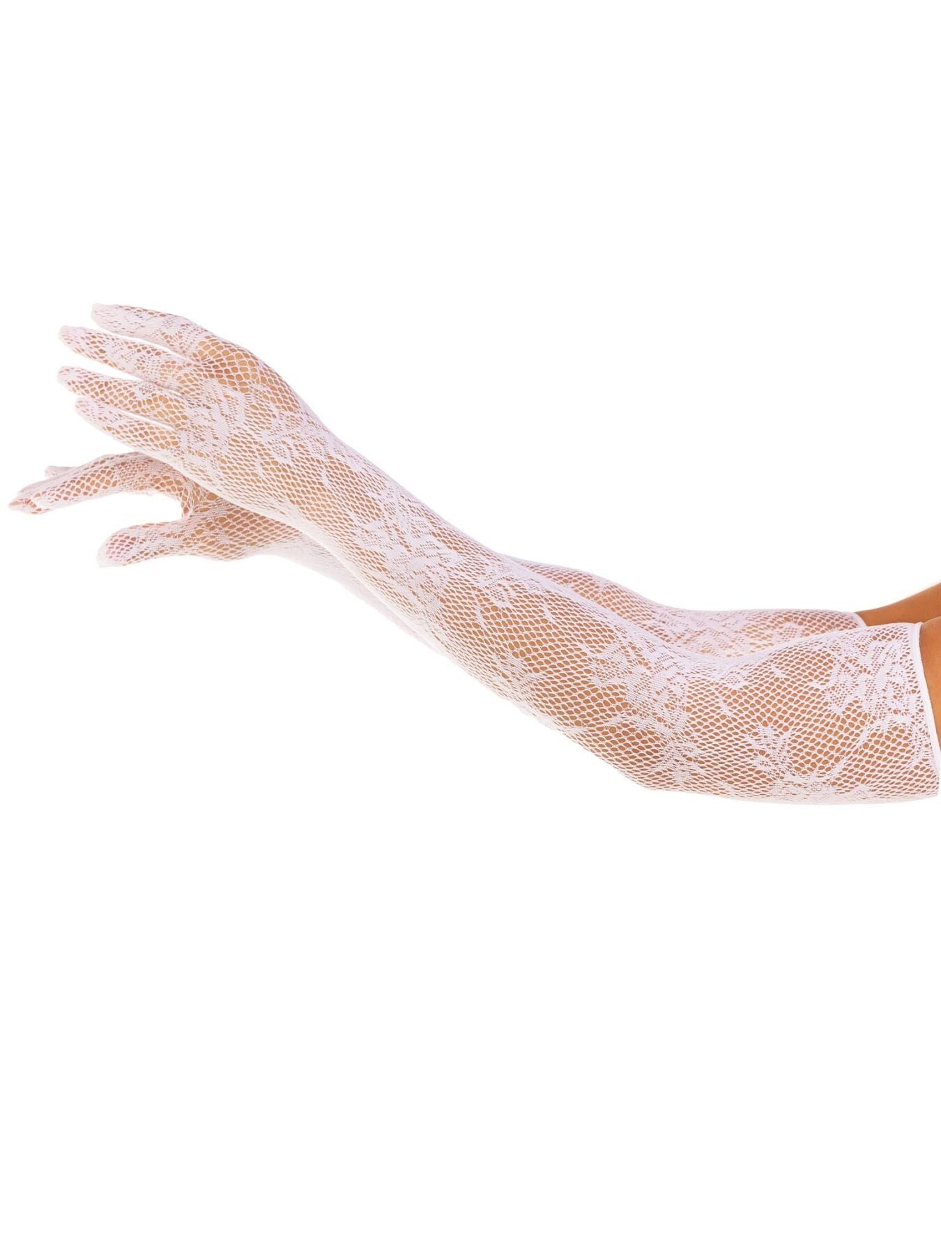 Рукавички Leg Avenue Lace Opera Length Gloves, One Size, білі, вище ліктя, сітка з квітковим візерунком