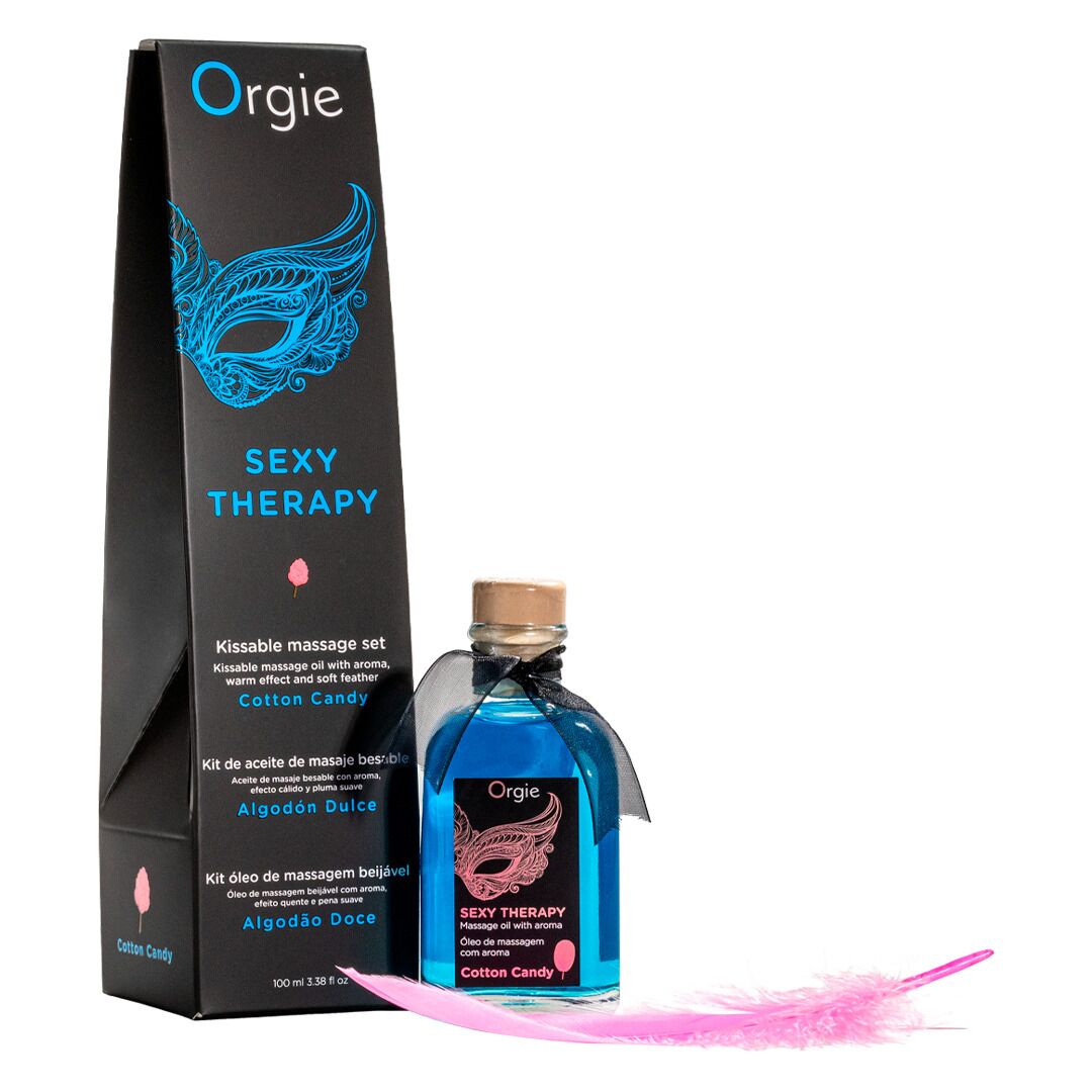 Orgie – Sexy Therapy Cotton Candy Massage Set (100 ml), Edible Warming Oil + Feather