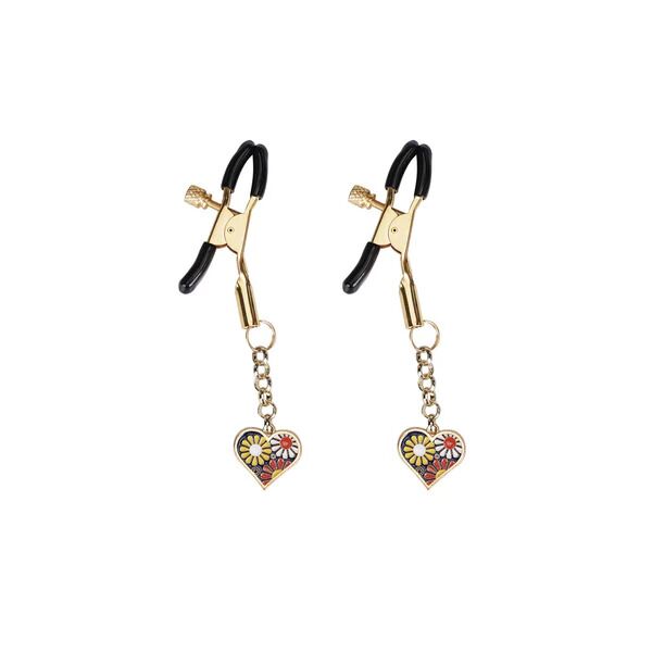 Nipple Clamps with Pendant Liebe Seele Nipple Clamps Gold Heart-shaped Flowers on Blue