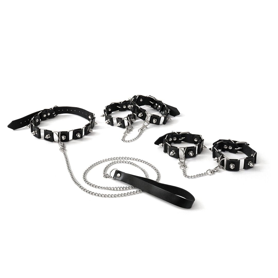 Bondage Set: Art of Sex - Cassandra Collar with Leash, Handcuffs, and Ankle Cuffs, black