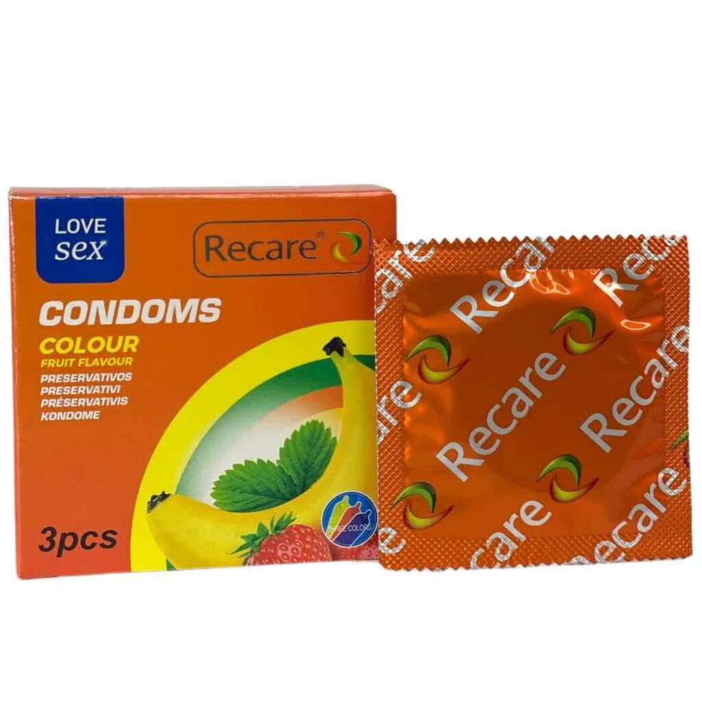 Recare Color Fruit Flavor Condoms 3 pcs, flavors: mint, banana, strawberry